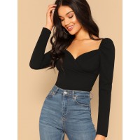 Zip Back Puff Sleeve Form Fitted Wrap Sweetheart Top